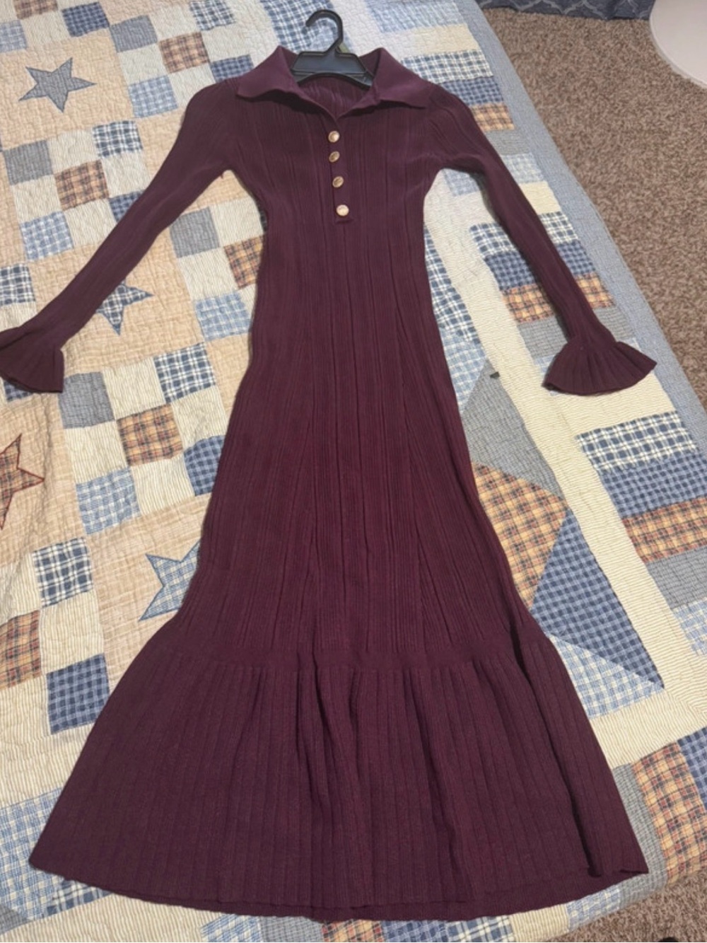 Long Ribbed Collared Maxi Dress in Burgundy